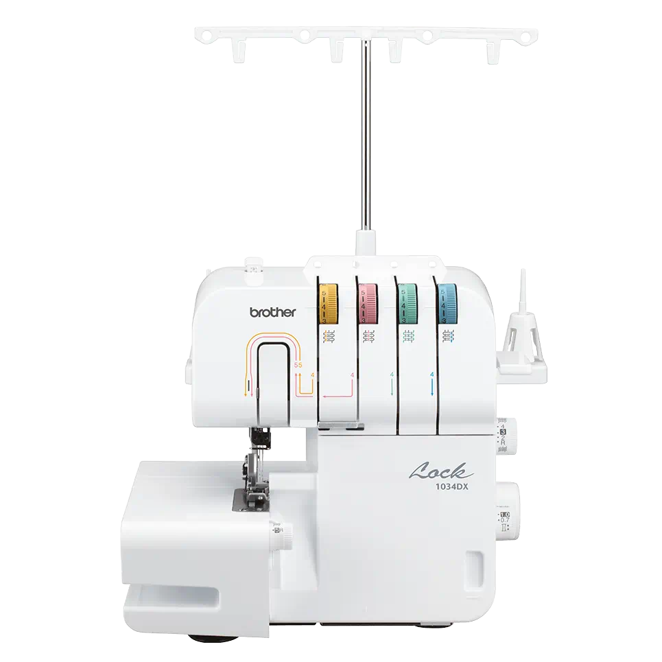 Nähmaschine Kempten - Weiße Overlock Nähmaschine mit vier unterschiedlich farbigen Rädchen zum Einstellen der naht 